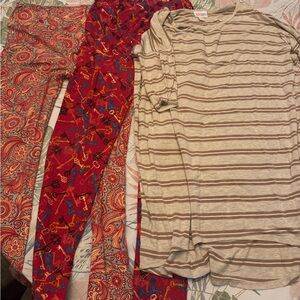 Striped Beige and Brown Women's LuLaRoe shirt and 2 OS leggings bundle